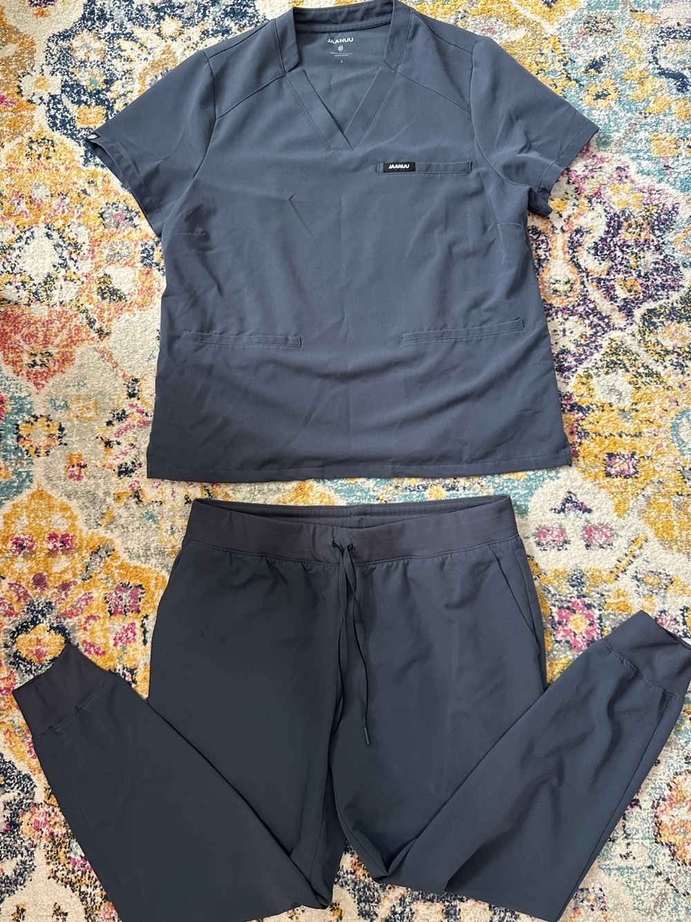 Jaanuu Scrubs Set Charcoal Grey Helia Top L Silex Knit Waist Joggers XL
